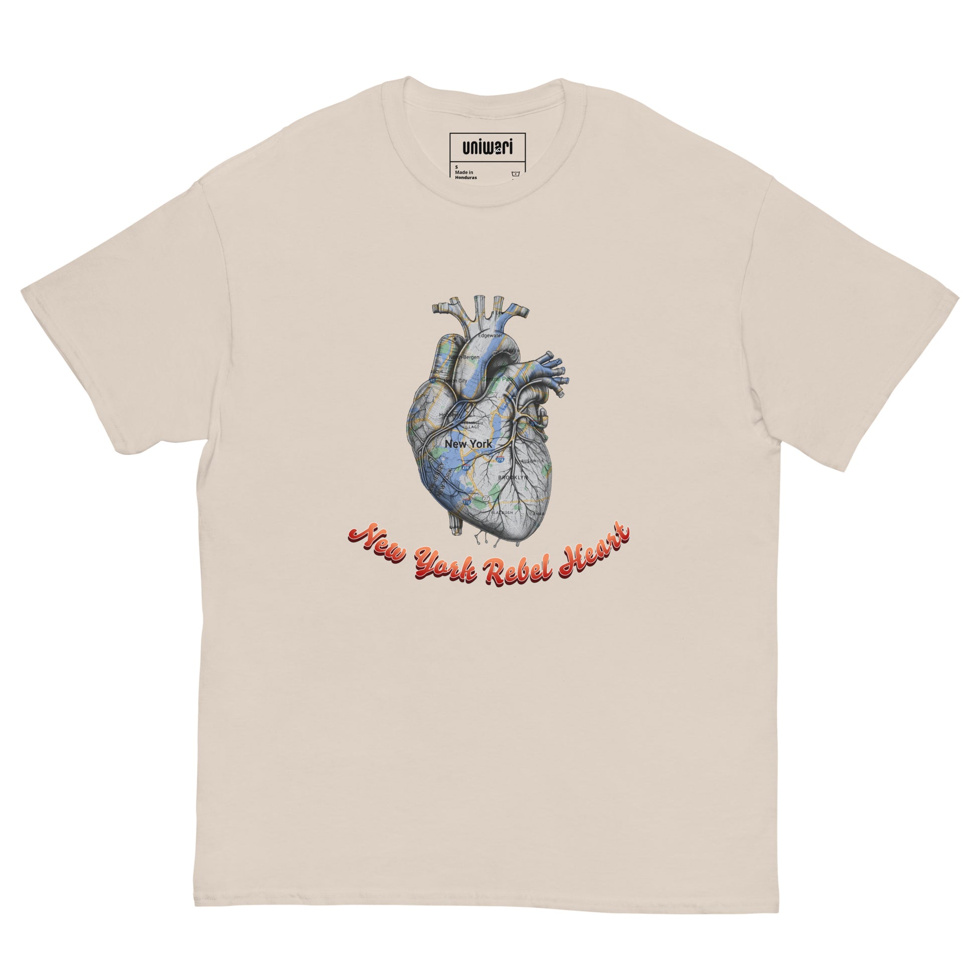 Beige High Quality Tee - Front Design with a Heart Shaped Map of New York and a Phrase "New York Rebel Heart" print