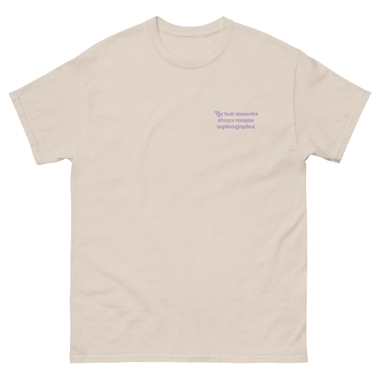 Beige High Quality Tee - Front Design with "The best memories always remains unphotographed " print on left chest - Back Design with a Phrase "The best memories always remains unphotographed." print and three pictures of sky.