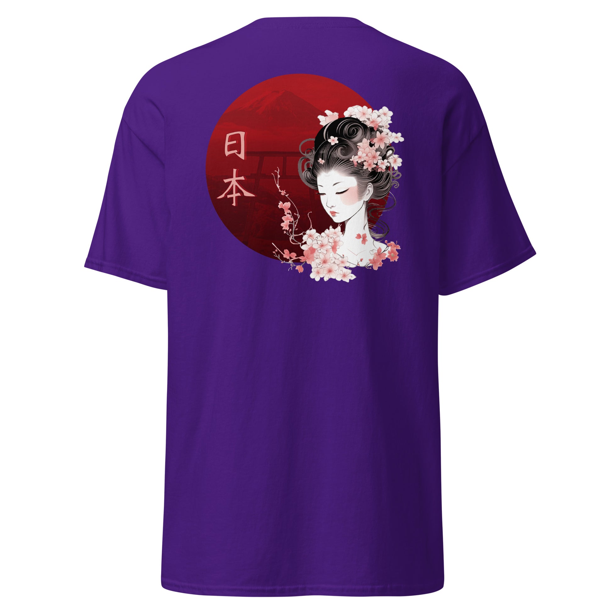 Purple High Quality Tee - Back Design of Japanese Geisha Print