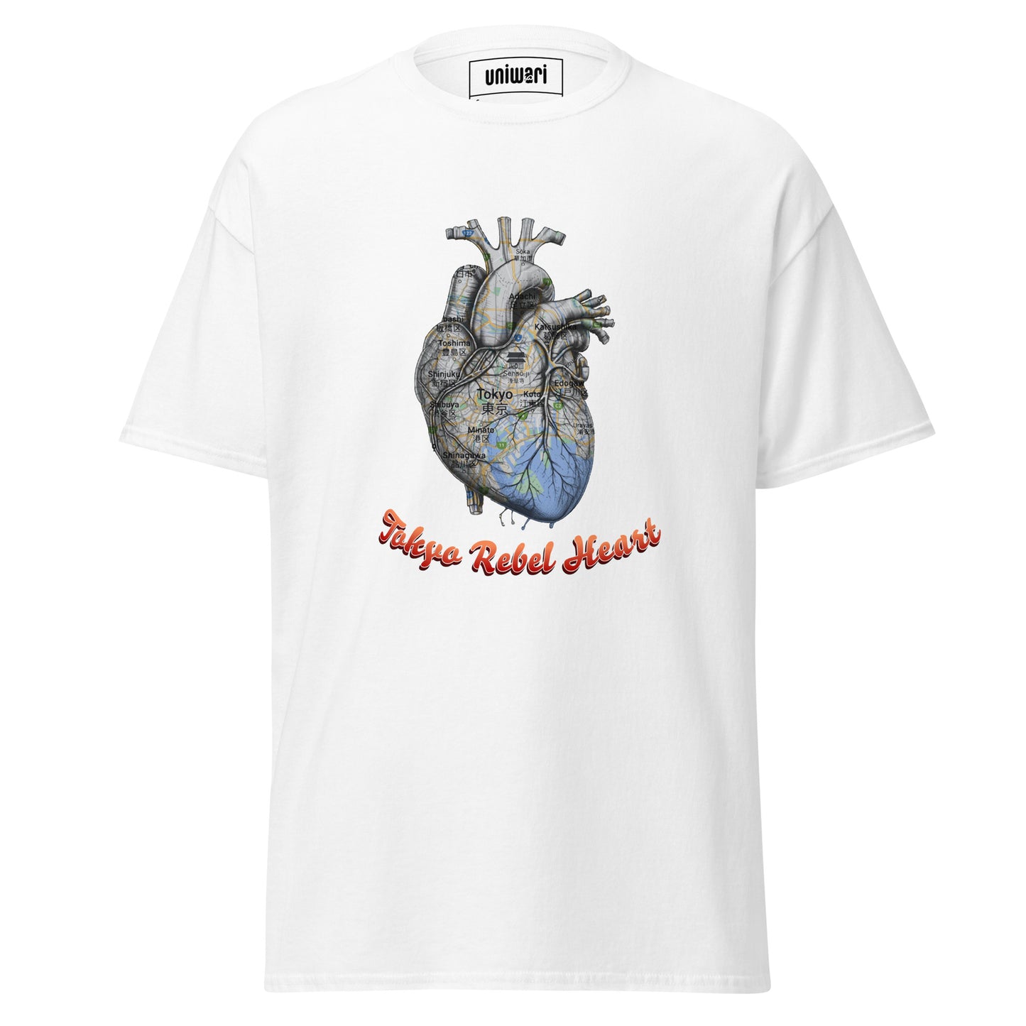 White High Quality Tee - Front Design with a Heart Shaped Map of Tokyo and a Phrase "Tokyo Rebel Heart" print