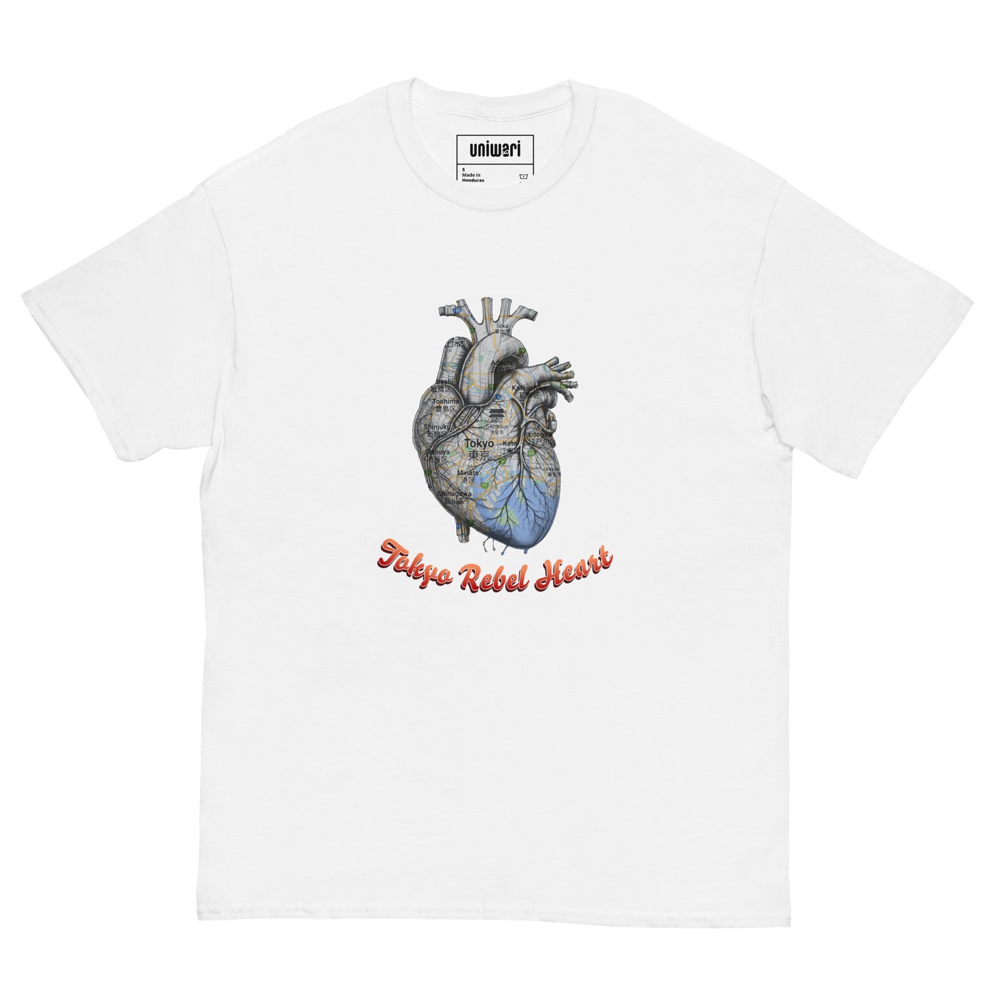 White High Quality Tee - Front Design with a Heart Shaped Map of Tokyo and a Phrase "Tokyo Rebel Heart" print