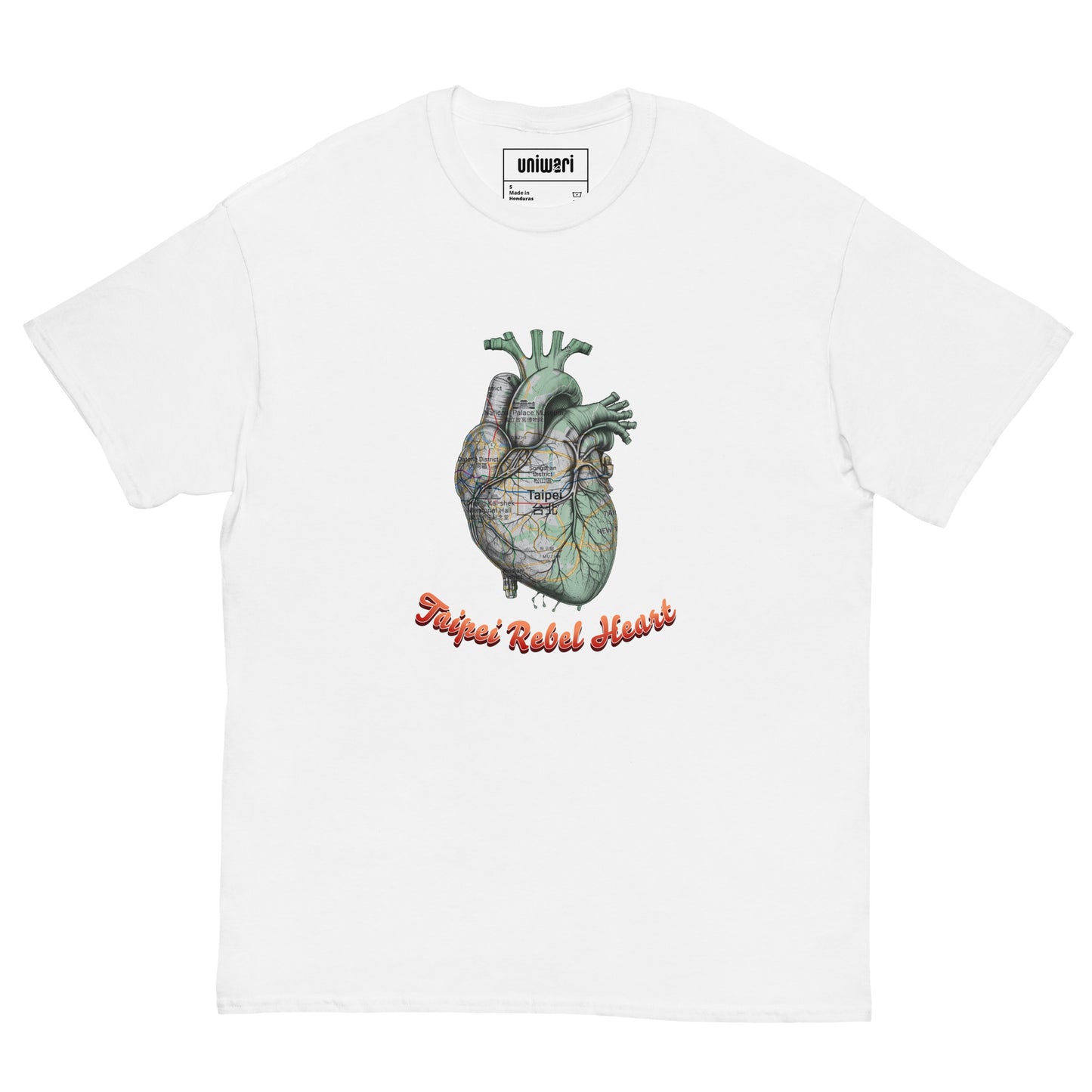White High Quality Tee - Front Design with a Heart Shaped Map of Taipei and a Phrase "Taipei Rebel Heart" print