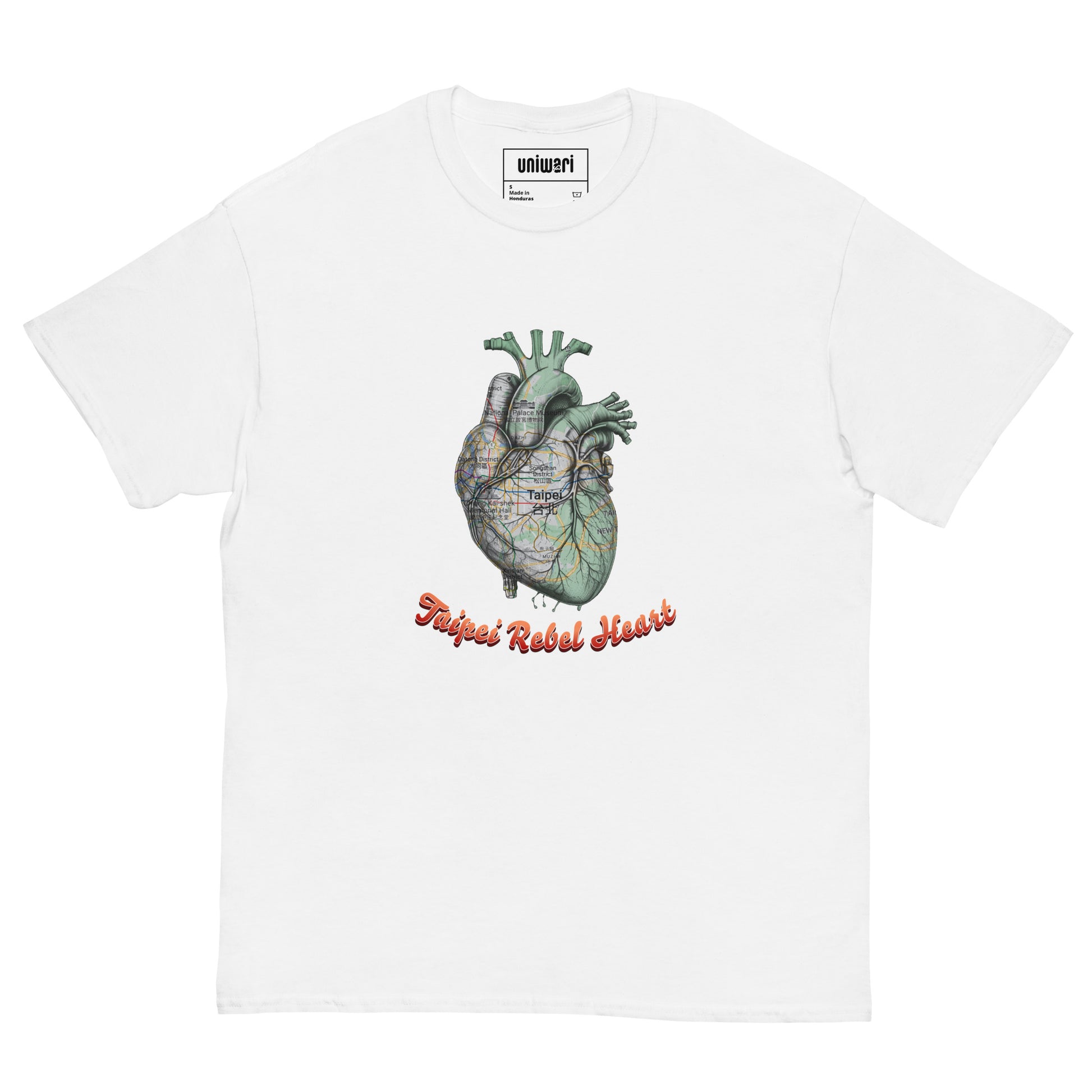 White High Quality Tee - Front Design with a Heart Shaped Map of Taipei and a Phrase "Taipei Rebel Heart" print