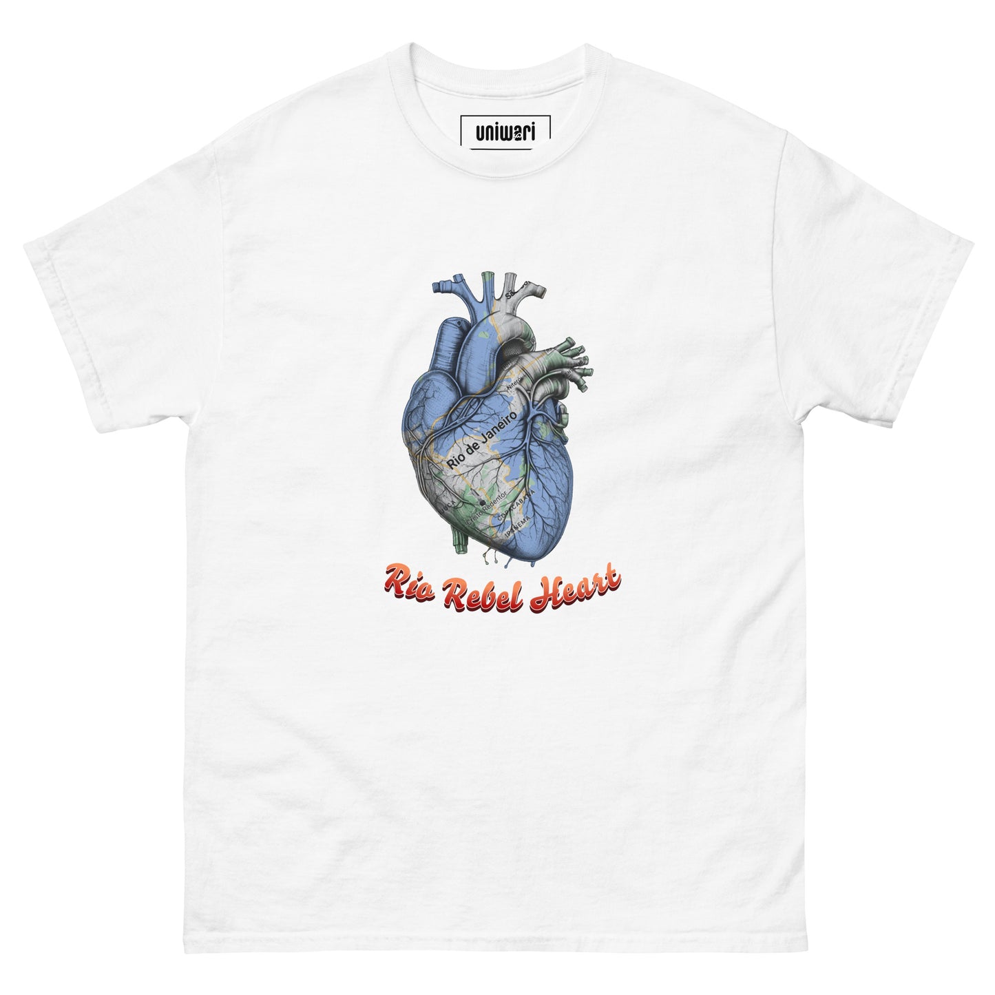 White High Quality Tee - Front Design with a Heart Shaped Map of Rio de Janeiro and a Phrase "Rio Rebel Heart" print