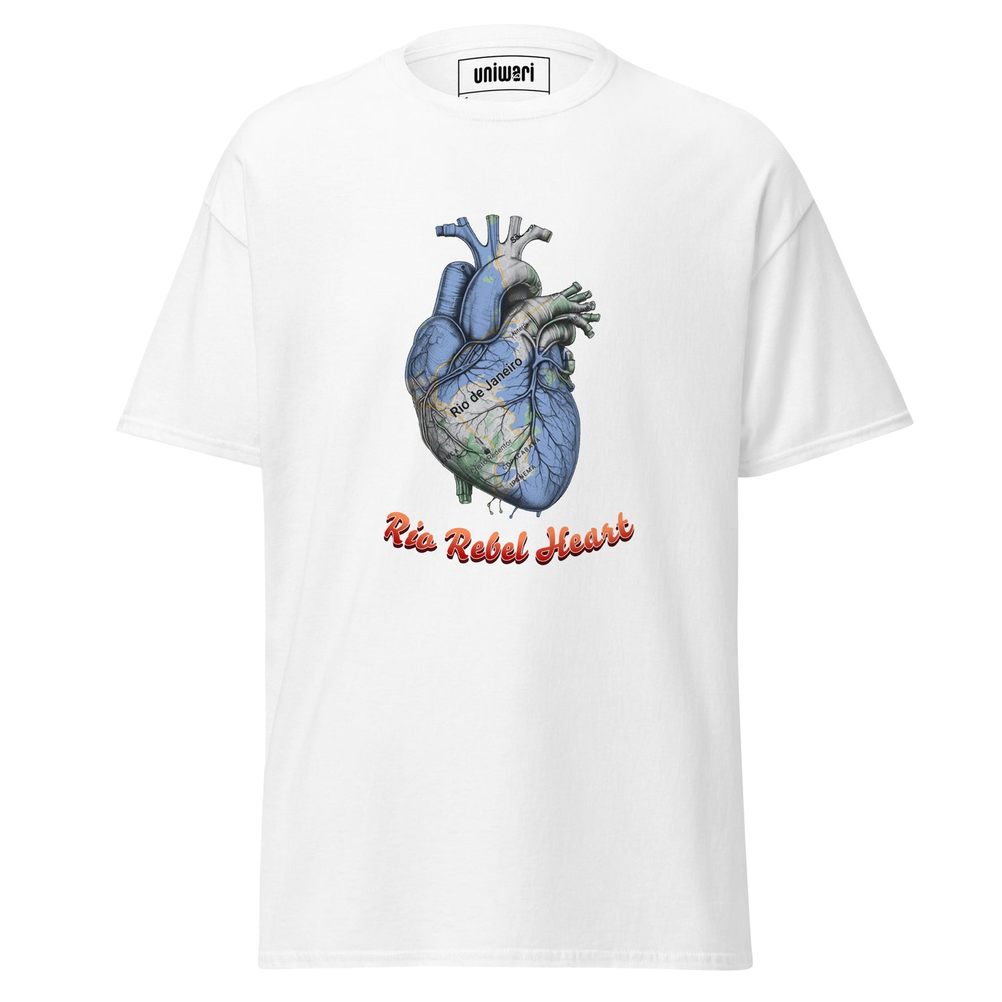 White High Quality Tee - Front Design with a Heart Shaped Map of Rio de Janeiro and a Phrase "Rio Rebel Heart" print