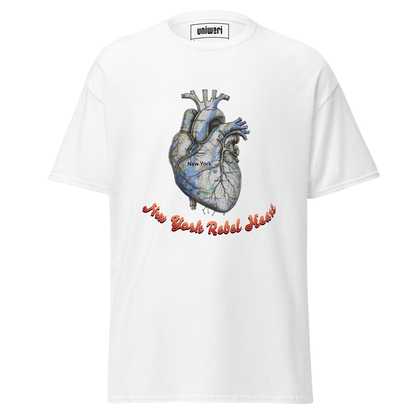 White High Quality Tee - Front Design with a Heart Shaped Map of New York and a Phrase "New York Rebel Heart" print