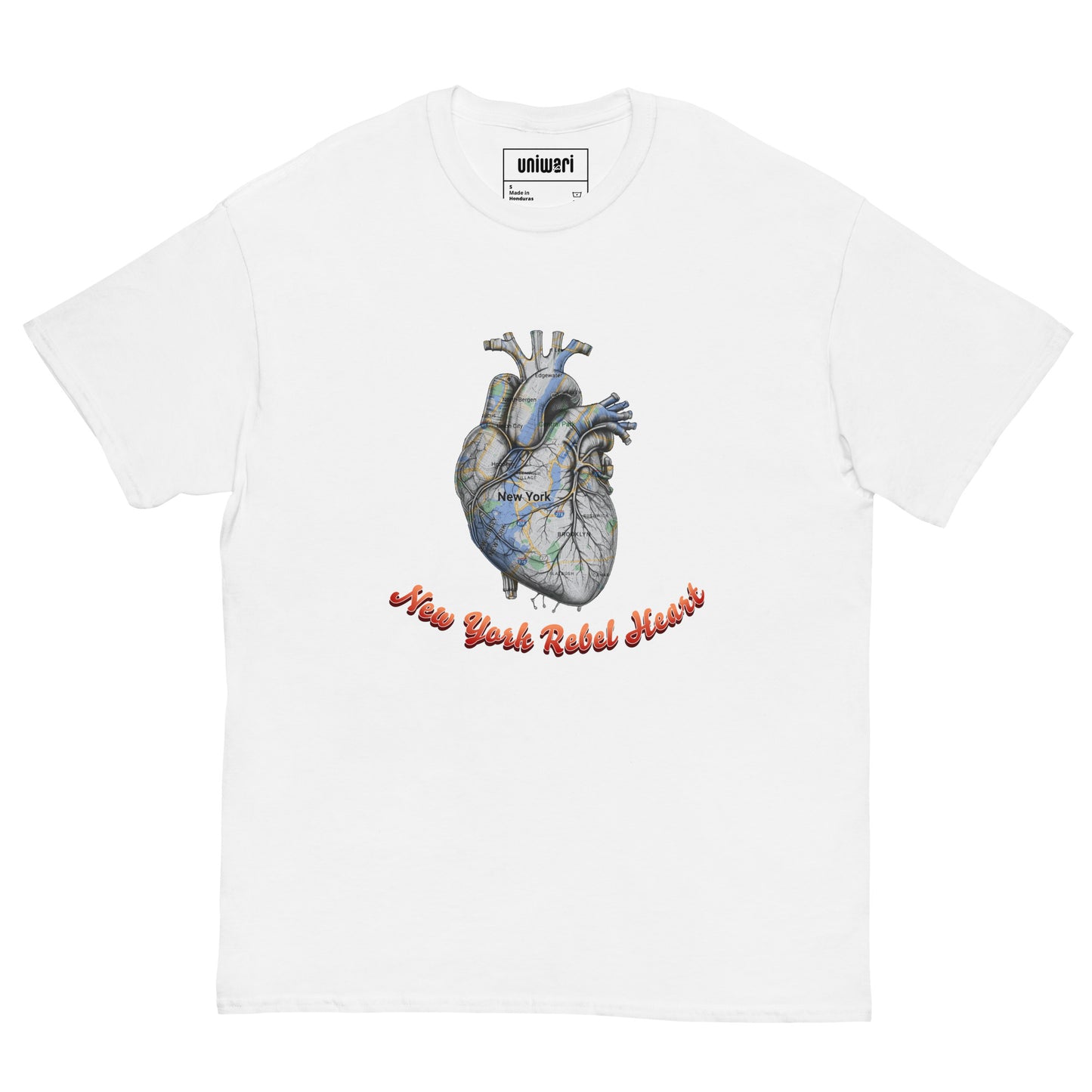 White High Quality Tee - Front Design with a Heart Shaped Map of New York and a Phrase "New York Rebel Heart" print