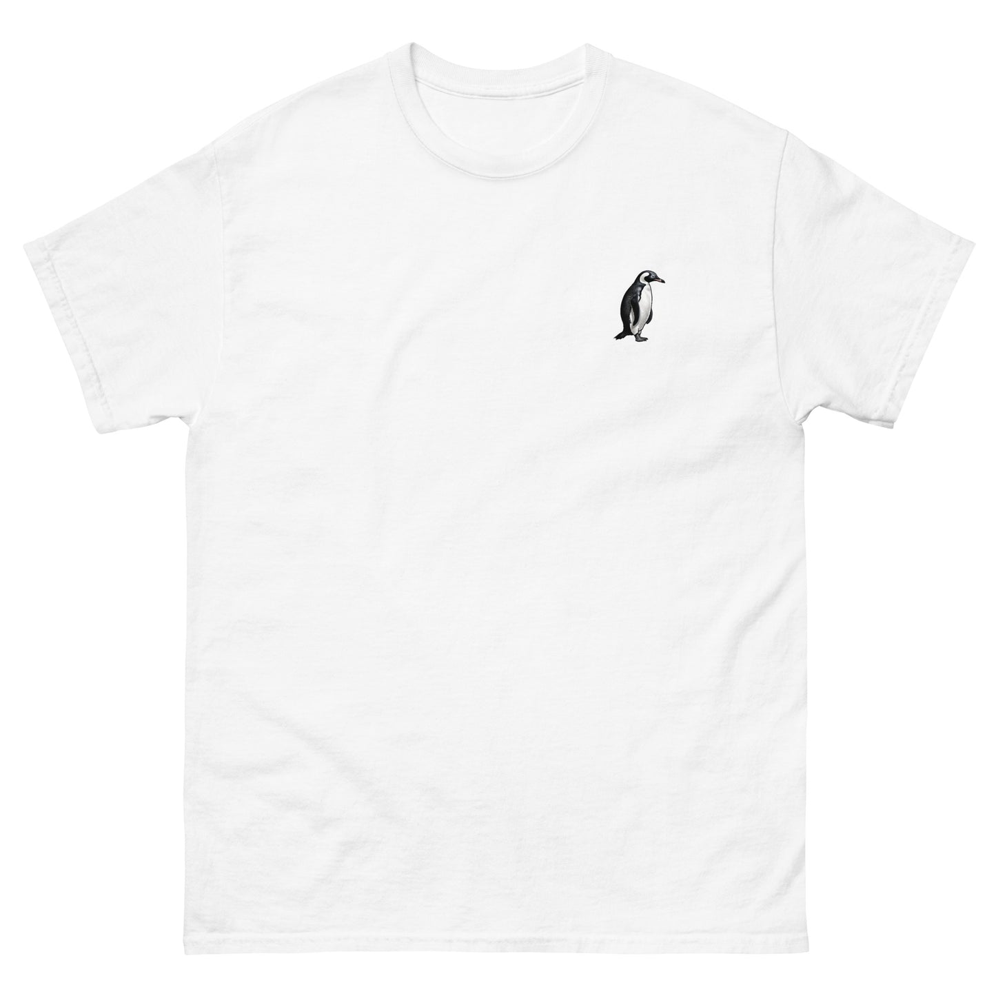 White High Quality Tee - Front Design with a Penguin on left chest - Back Design with a Penguin and a Phrase "Penguins:always dressed to impress, walking on ice like a boss" print