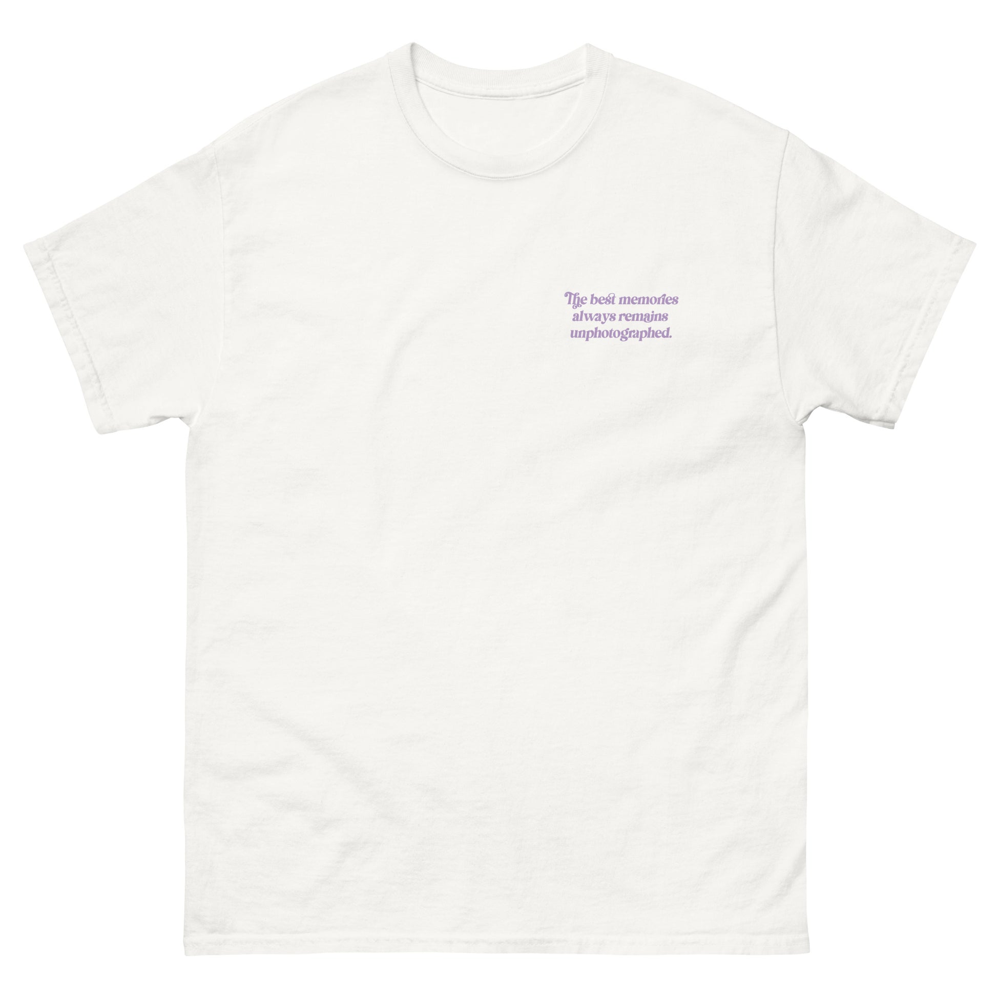 White High Quality Tee - Front Design with "The best memories always remains unphotographed " print on left chest - Back Design with a Phrase "The best memories always remains unphotographed." print and three pictures of sky.
