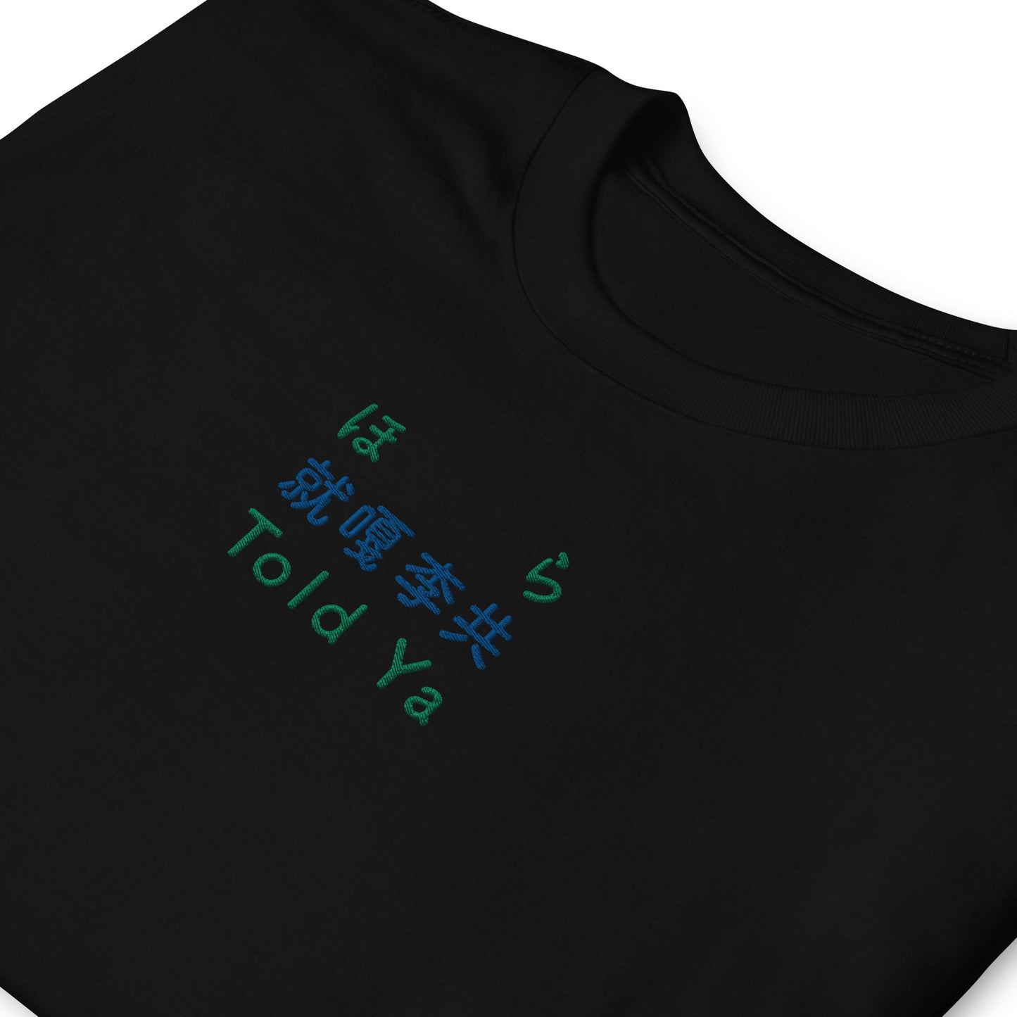 Black High Quality Tee - Front Design with an Blue,Green Embroidery "Told Ya" in Japanese,Chinese and English