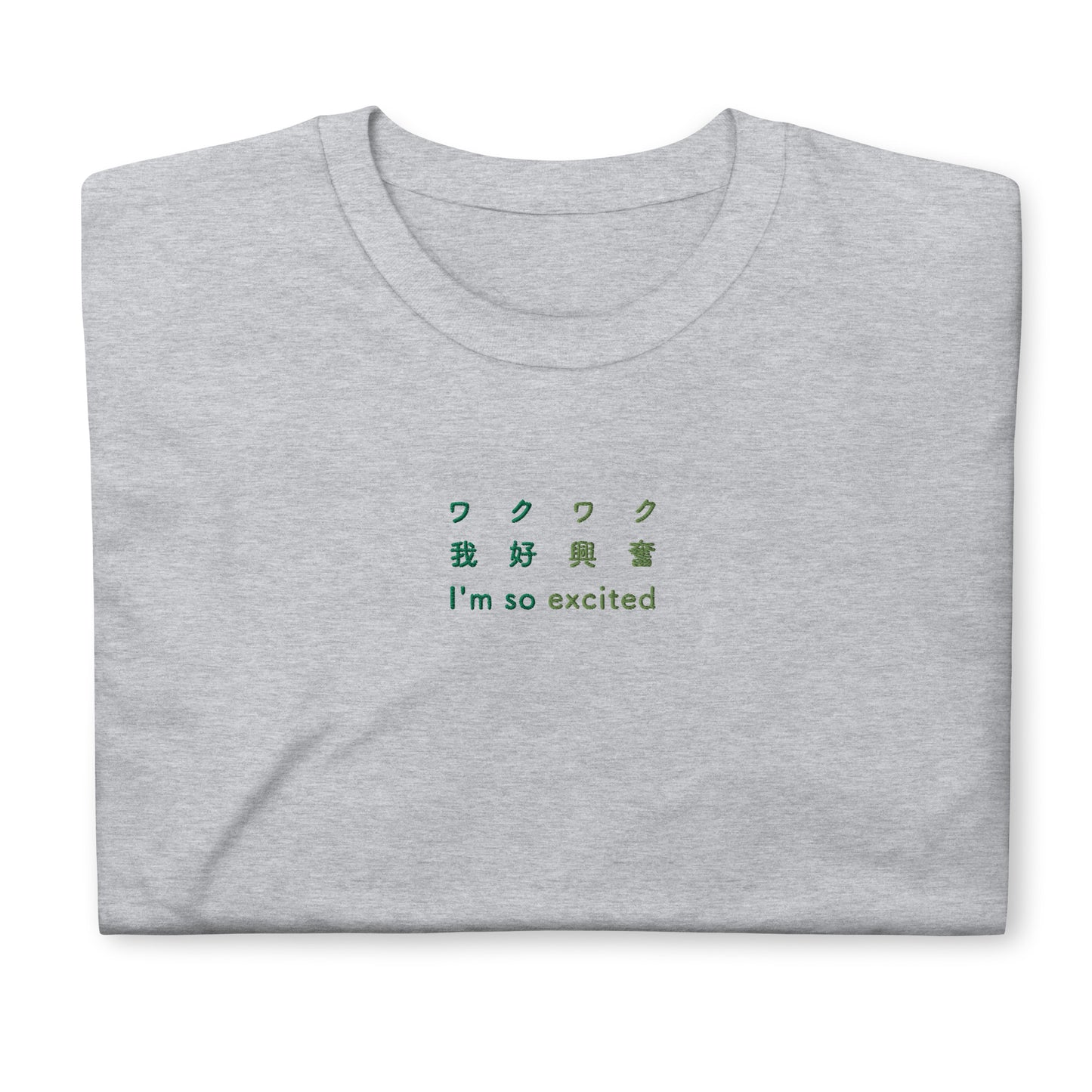 Light Gray High Quality Tee - Front Design with a Gradient Green Embroidery "I'm so excited" in Japanese,Chinese and English