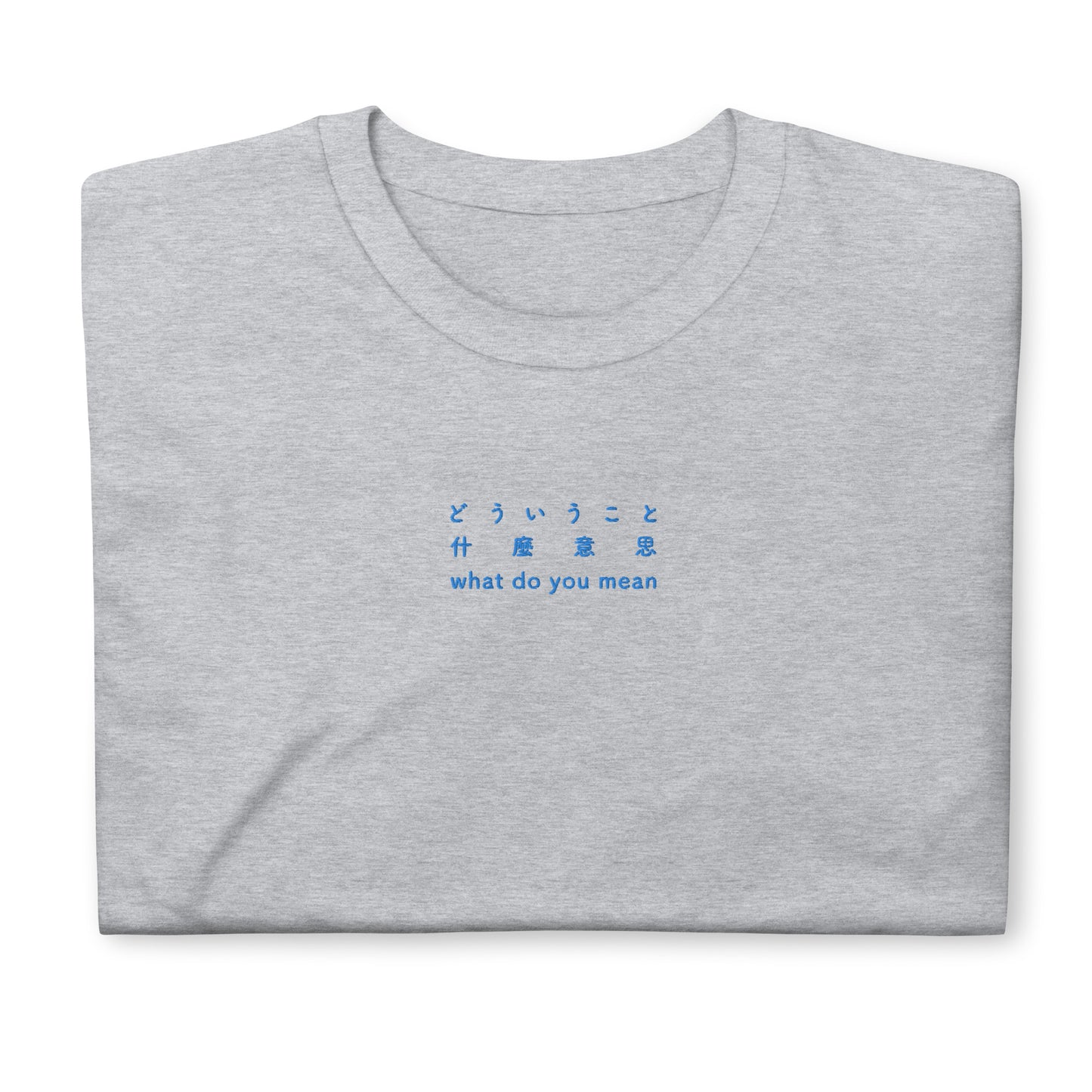 Light Gray High Quality Tee - Front Design with an Blue Embroidery "What Do You Mean" in Japanese, Chinese and English