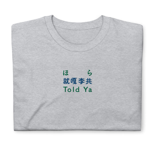 Light Gray High Quality Tee - Front Design with an Blue,Green Embroidery "Told Ya" in Japanese,Chinese and English