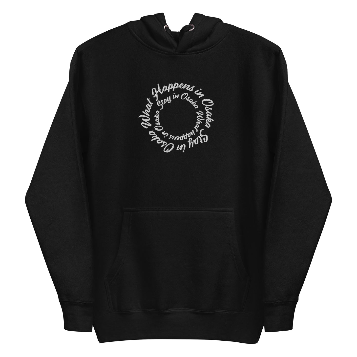 Black High Quality Hoodie - Front Design with White Embroidery of "What Happens in Osaka Stay in Osaka"