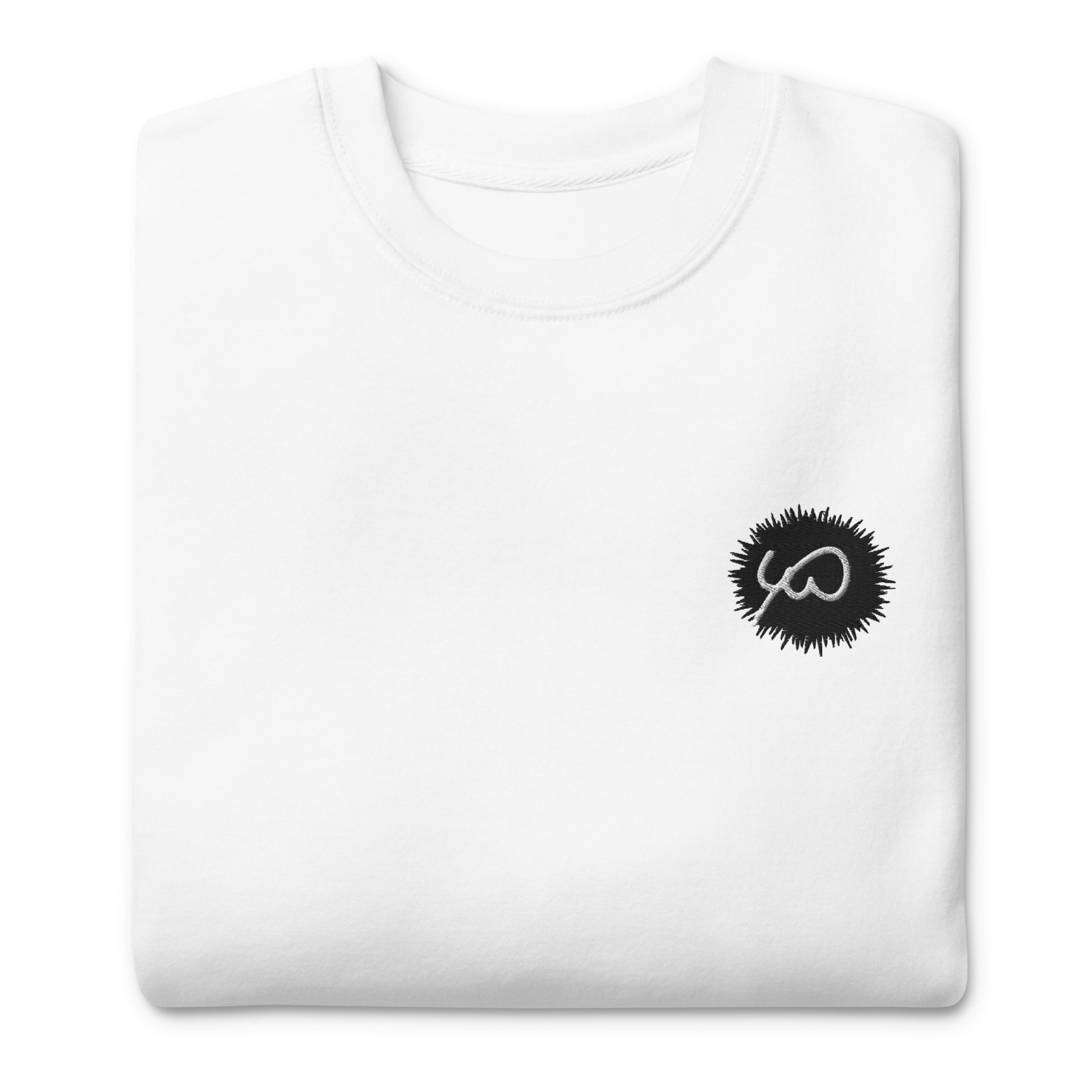 White Unisex Premium Sweatshirt -Front design with Black and White Embroidery of Uniwari Logo