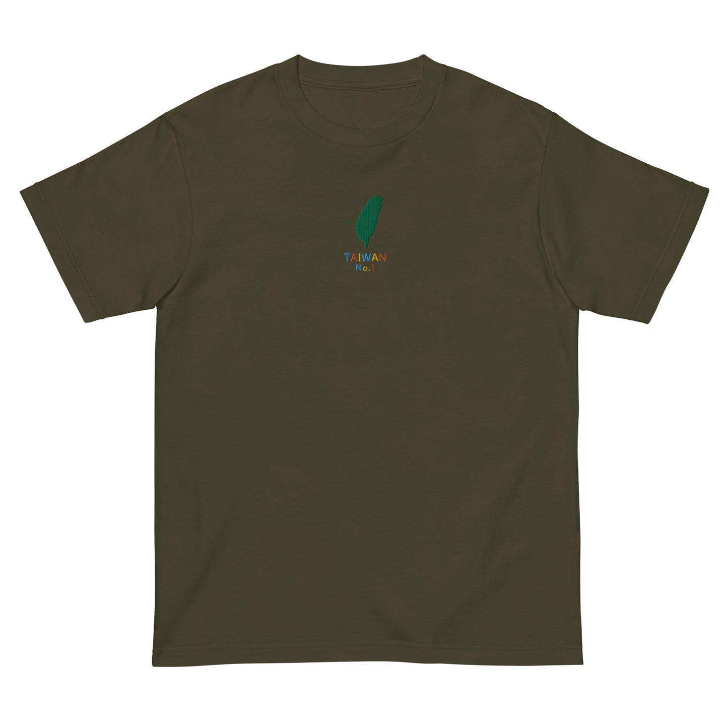 Army Green High Quality Tee - Front Design with an Yellow,Orange,Blue Embroidery "Taiwan No.1" in English