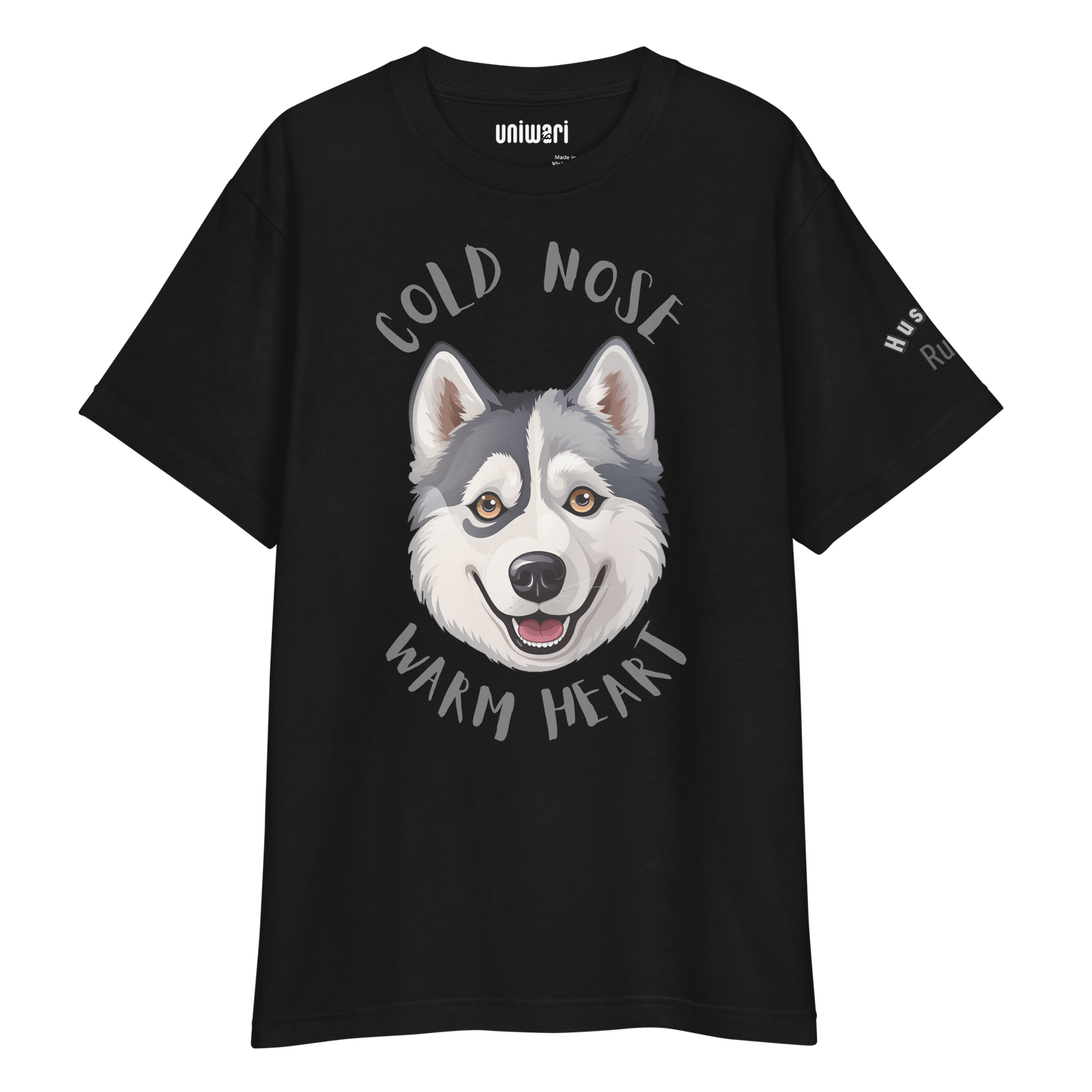 Black High Quality Tee - Front Design with a stamp of a Husky and the phrase "cold nose warm heart" - Left Shoulder with phrase "Husky Rules"