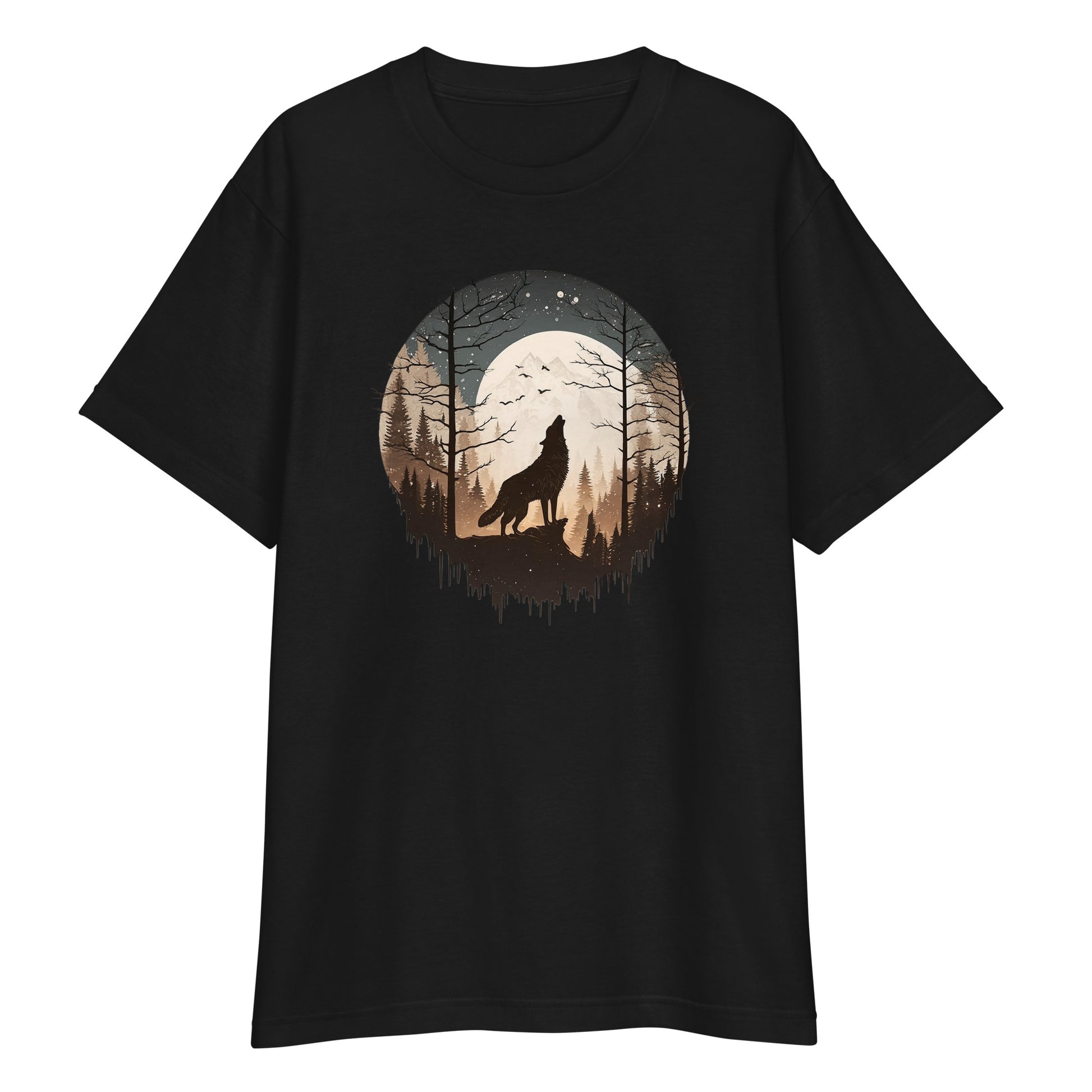 Black High Quality Tee - Front Design with a Howling Wolf