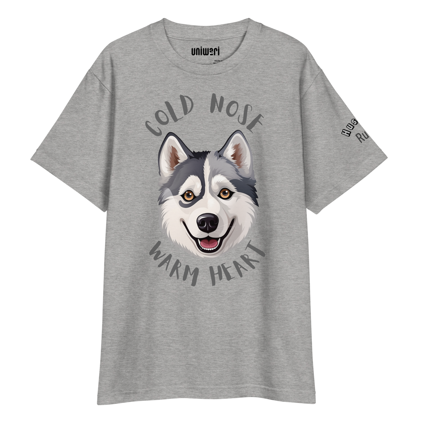 Gray High Quality Tee - Front Design with a stamp of a Husky and the phrase "cold nose warm heart" - Left Shoulder with phrase "Husky Rules"