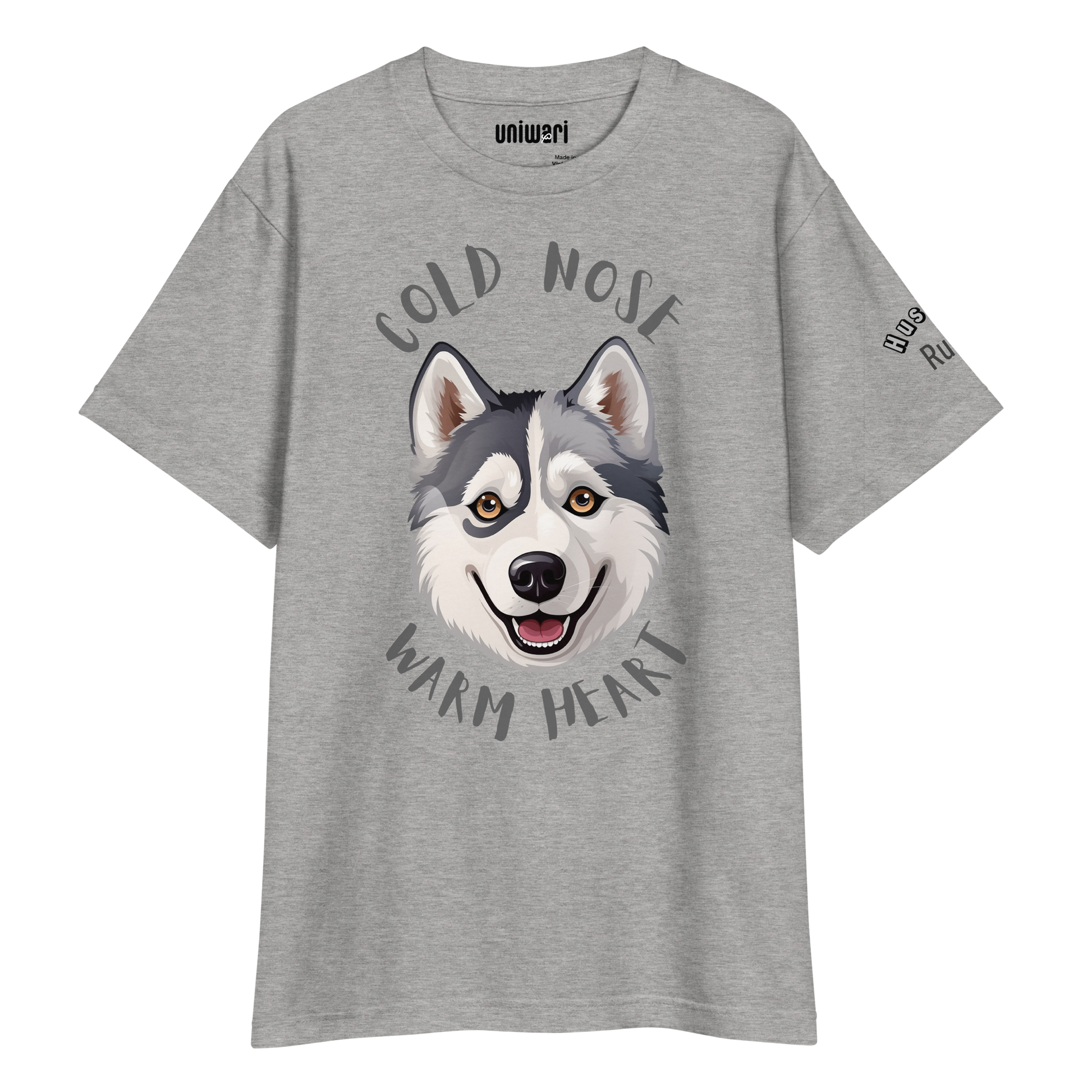 Gray High Quality Tee - Front Design with a stamp of a Husky and the phrase "cold nose warm heart" - Left Shoulder with phrase "Husky Rules"