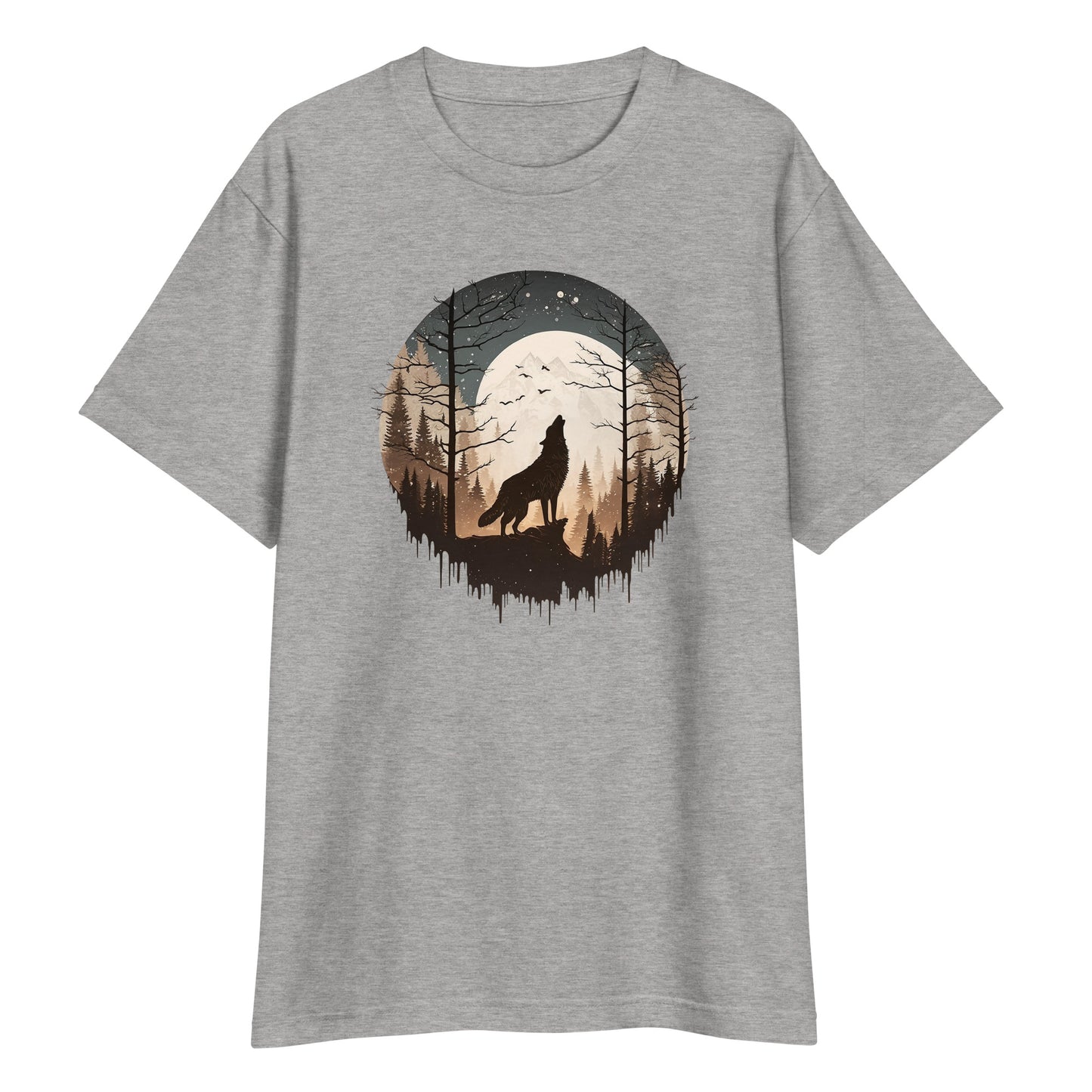 Gray High Quality Tee - Front Design with a Howling Wolf