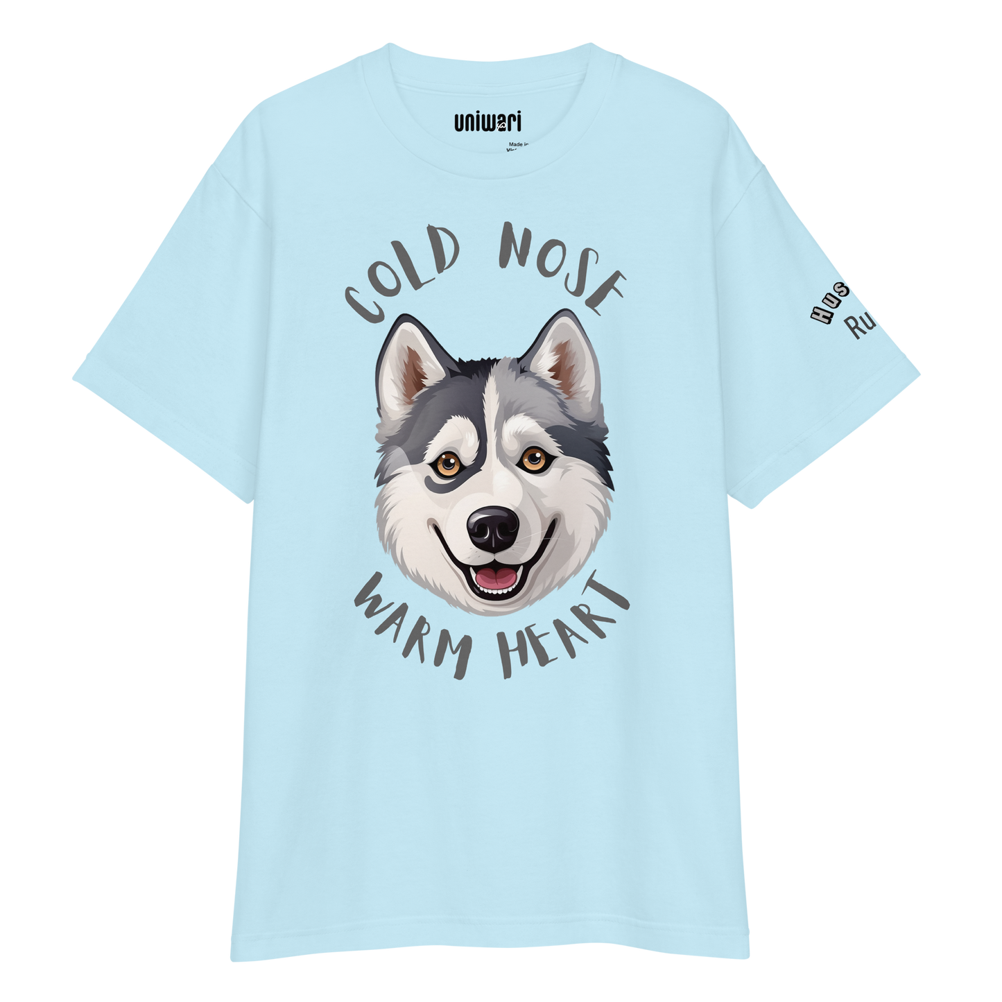 Blue High Quality Tee - Front Design with a stamp of a Husky and the phrase "cold nose warm heart" - Left Shoulder with phrase "Husky Rules"
