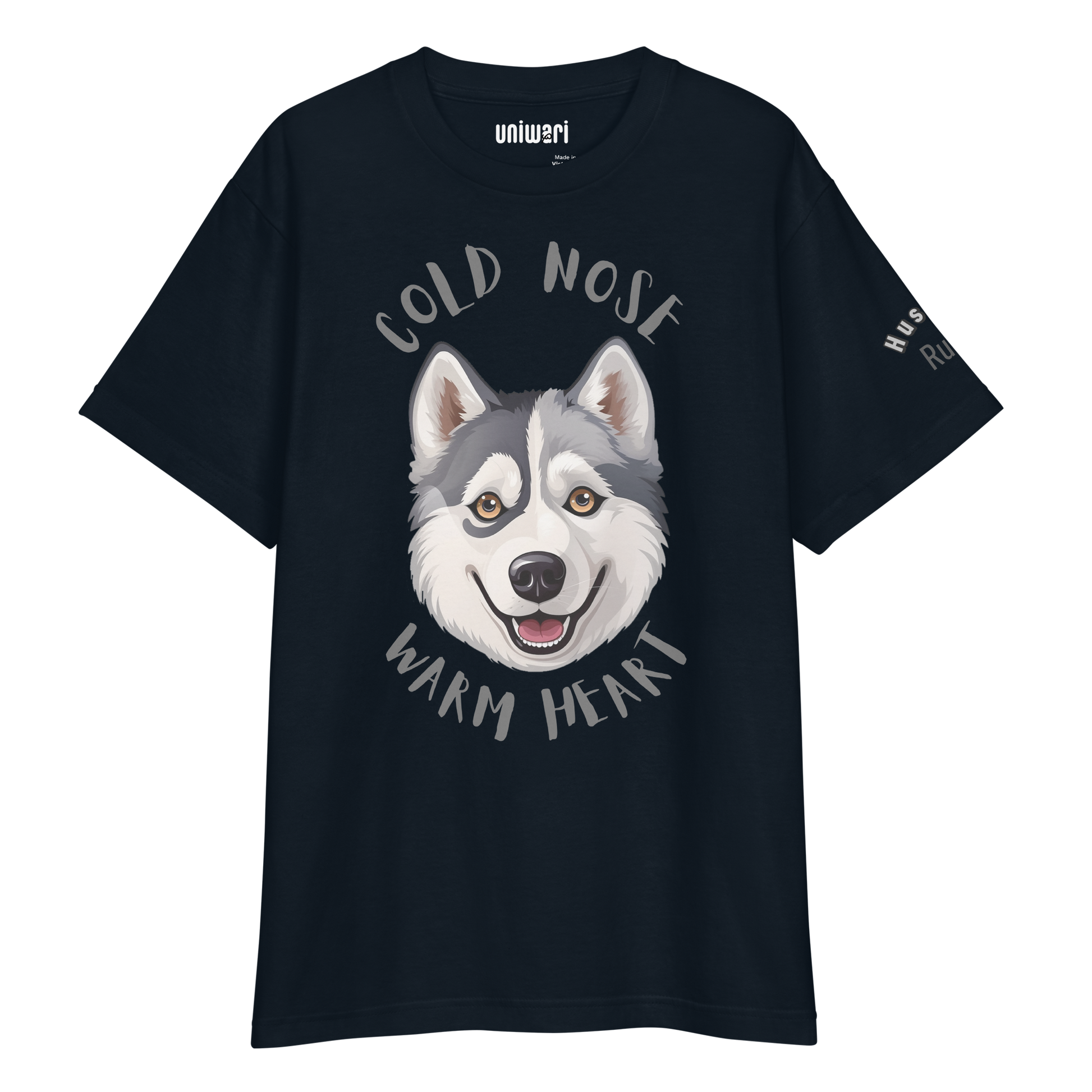 Navy High Quality Tee - Front Design with a stamp of a Husky and the phrase "cold nose warm heart" - Left Shoulder with phrase "Husky Rules"
