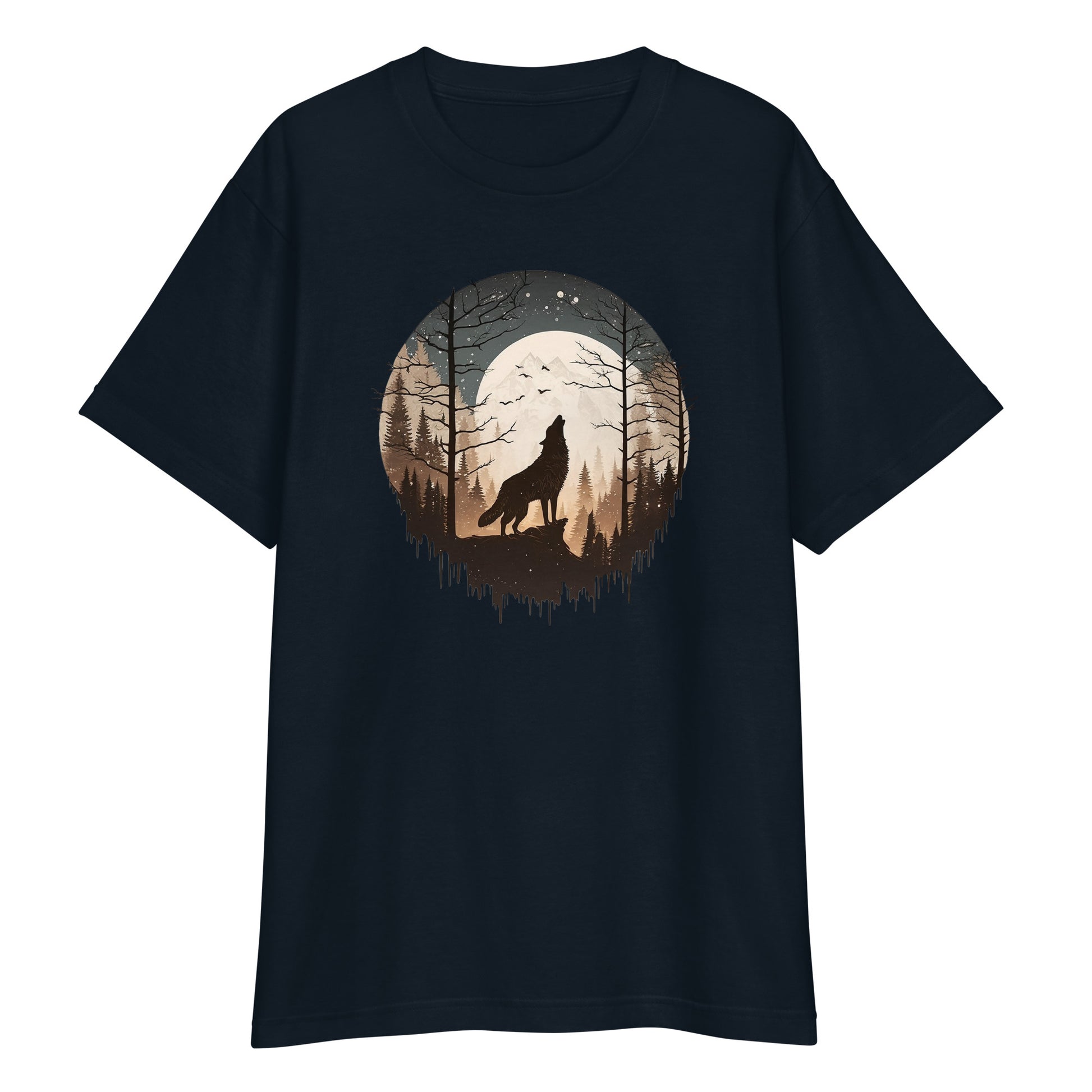 Navy High Quality Tee - Front Design with a Howling Wolf