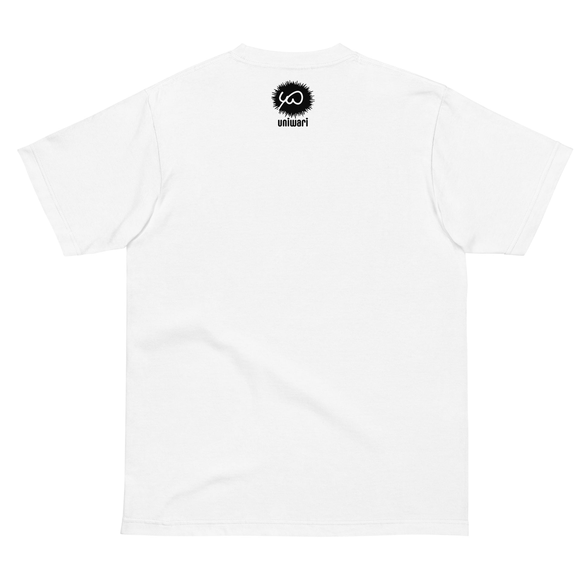 White High Quality Tee - Front Design with an Black Uniwari Logo - Back Design with Weekdays in Japanese and Blue back ground