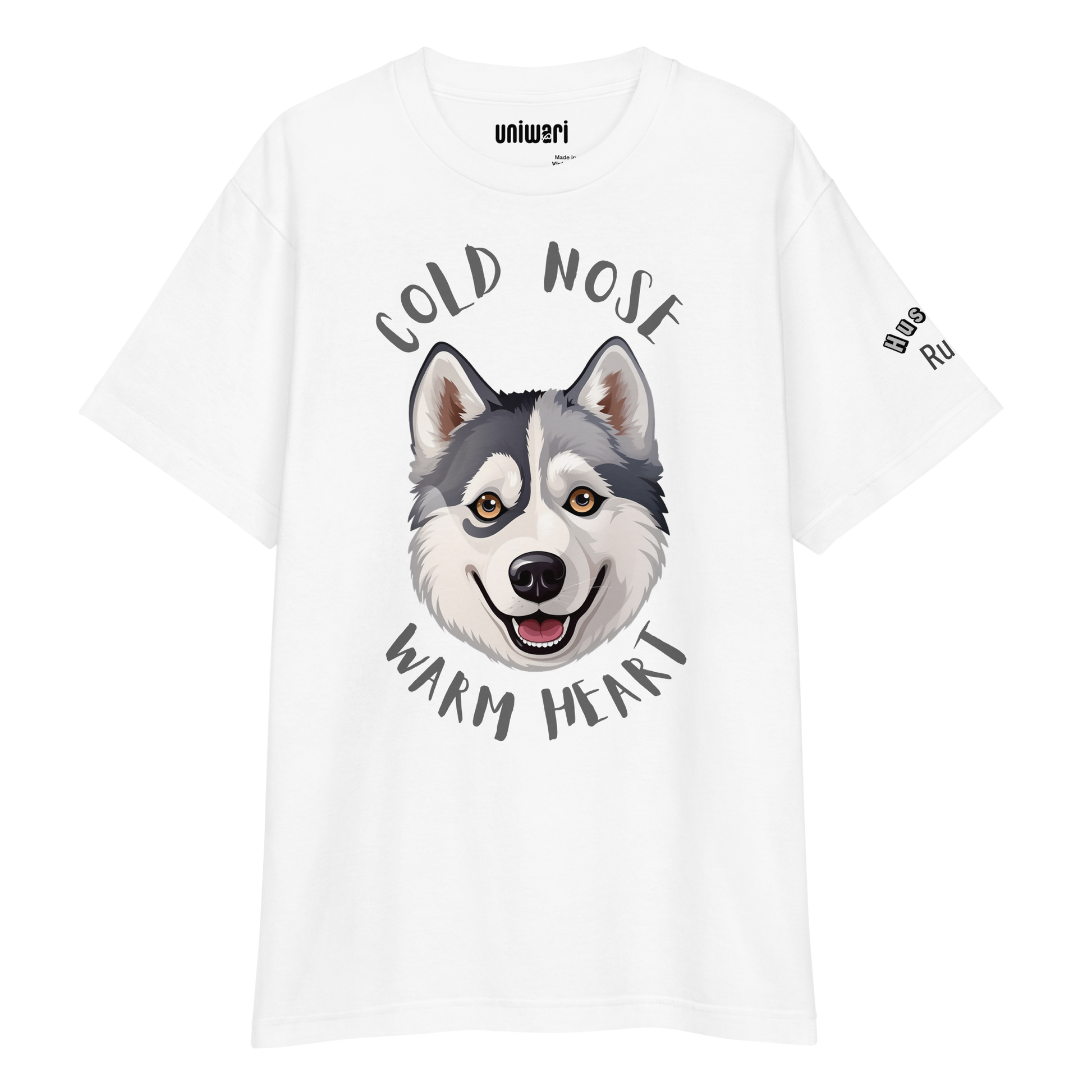 White High Quality Tee - Front Design with a stamp of a Husky and the phrase "cold nose warm heart" - Left Shoulder with phrase "Husky Rules"