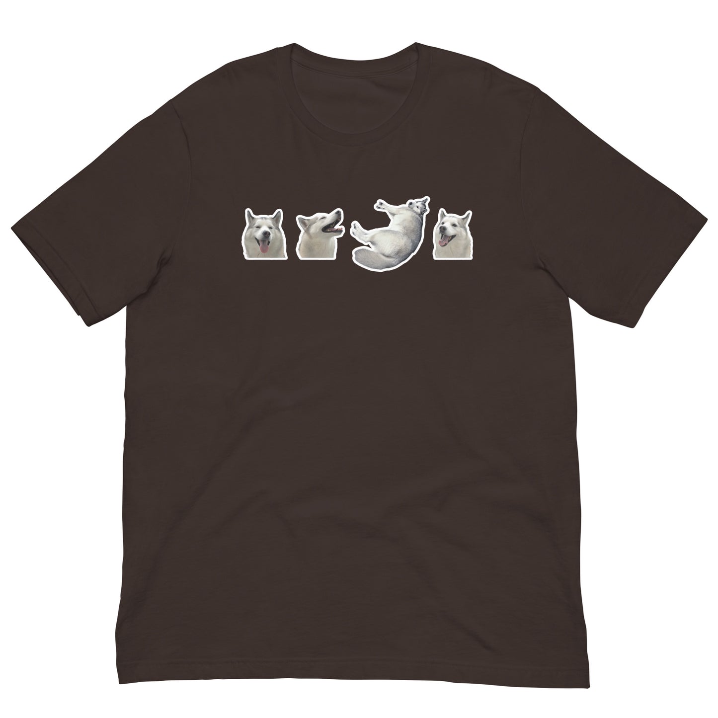 Brown Quality Tee - Front Design with a stamp of 4 FUJI THE HUSKY Sticker - Back Design with 1 FUJI THE HUSKY Sticker and Uniwari Logo