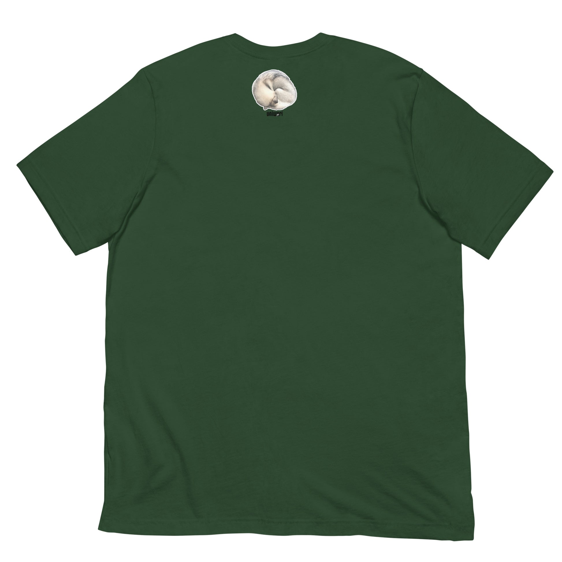 Olive Green Quality Tee - Front Design with a stamp of 4 FUJI THE HUSKY Sticker - Back Design with 1 FUJI THE HUSKY Sticker and Uniwari Logo